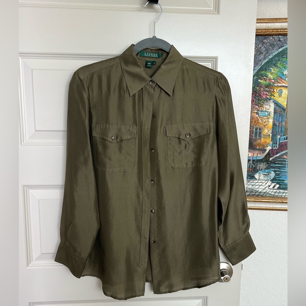 Ralph Lauren 100% Silk Green Utility Shirt Blouse Size 4 S Small